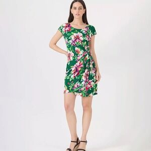 Connected Apparel Green Floral Tropical Print Wrap Side Knot Sheath Dress Size 6